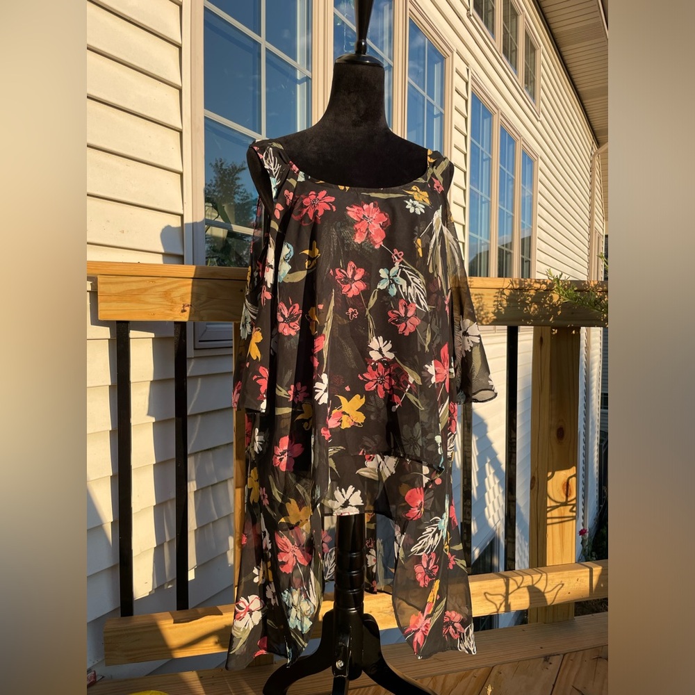 Lane Bryant Women’s Black Multicolor Floral Sheer High Low Blouse Sz 2X